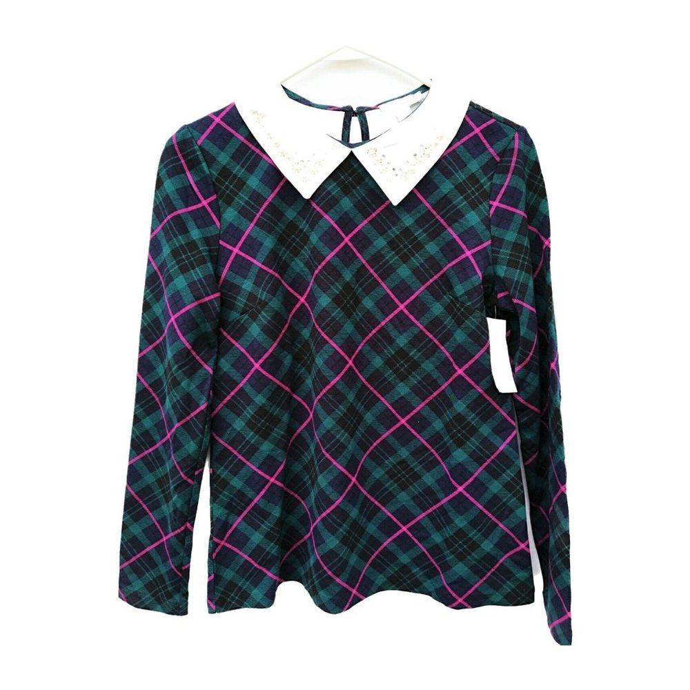 NEW Charter Club Womens Top Plaid Embellished Collar Blue Combo Petite Size